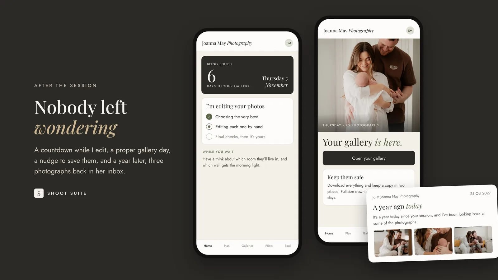 Shoot Suite client space on two phones: a countdown hile the photos are edited, the gallery ready day, ad a year ago today email