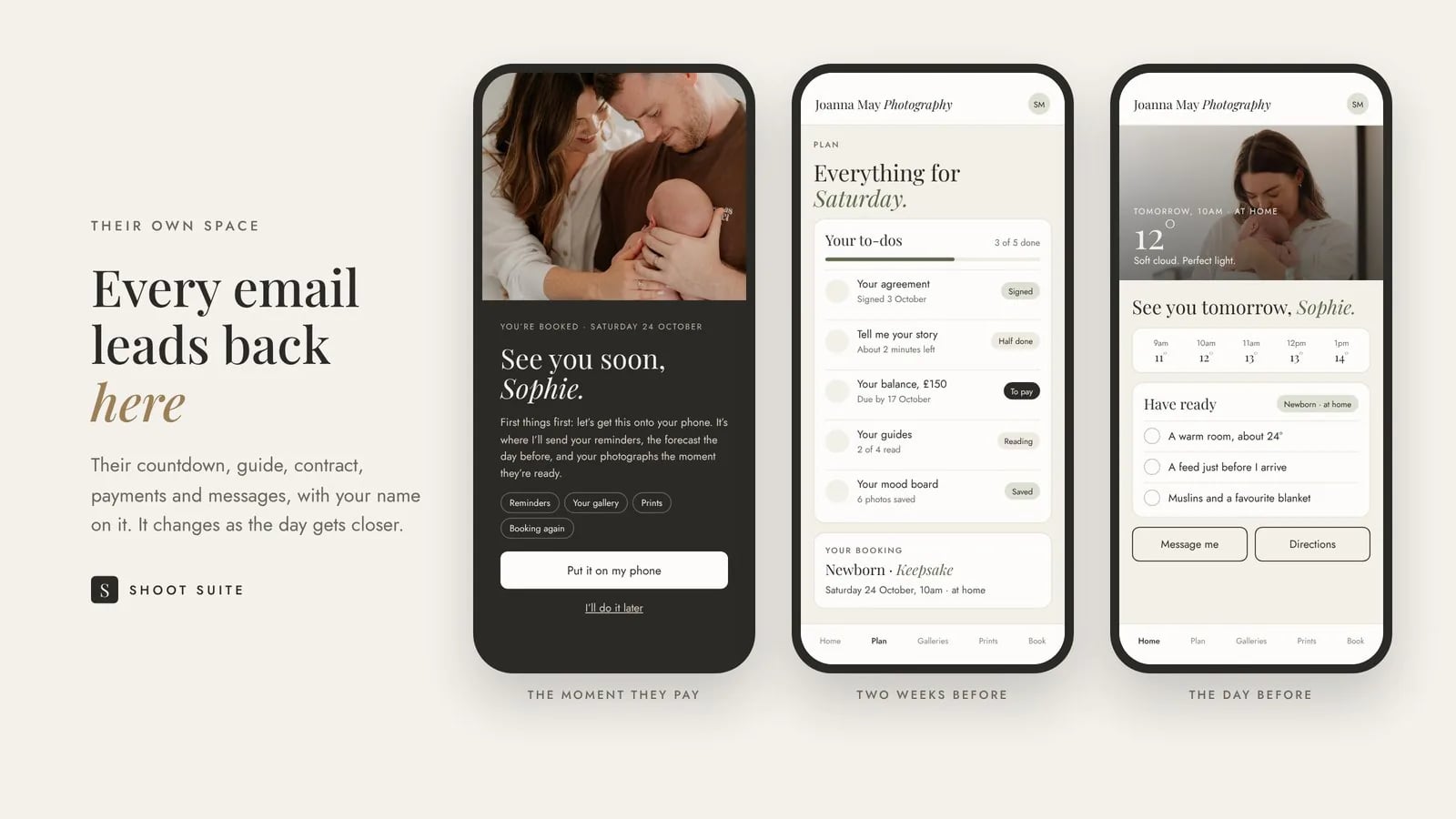 A family's own client space on their phone with thei photographer's branding: countdown, session guide, ontract, payments and gallery in one place