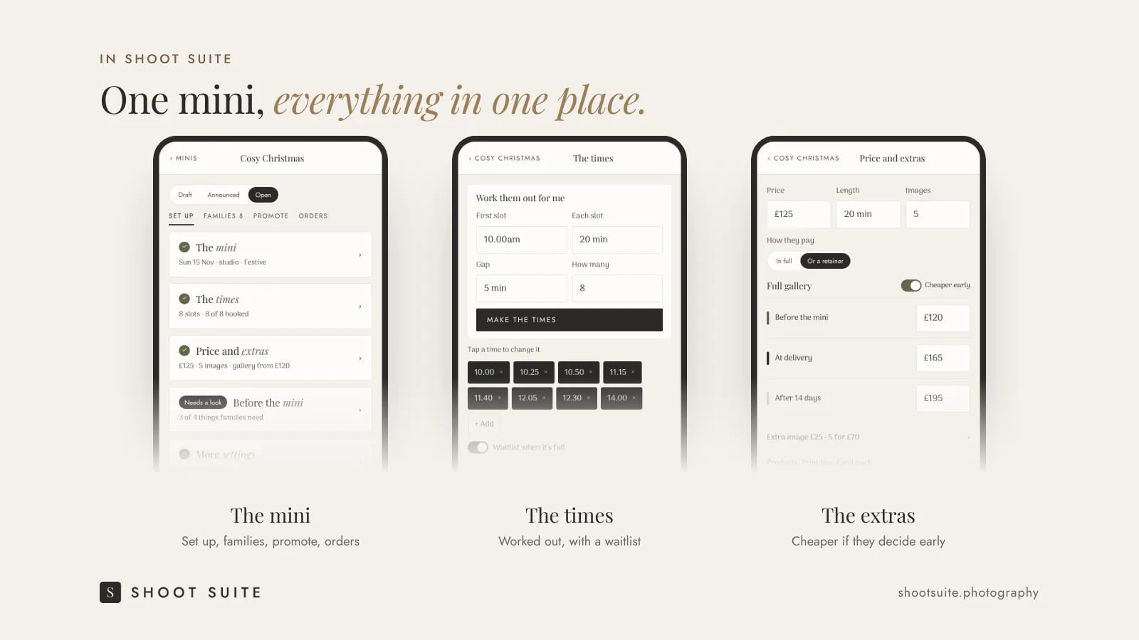 Three Shoot Suite screens for setting up a mini session: the mini, the times and the extras