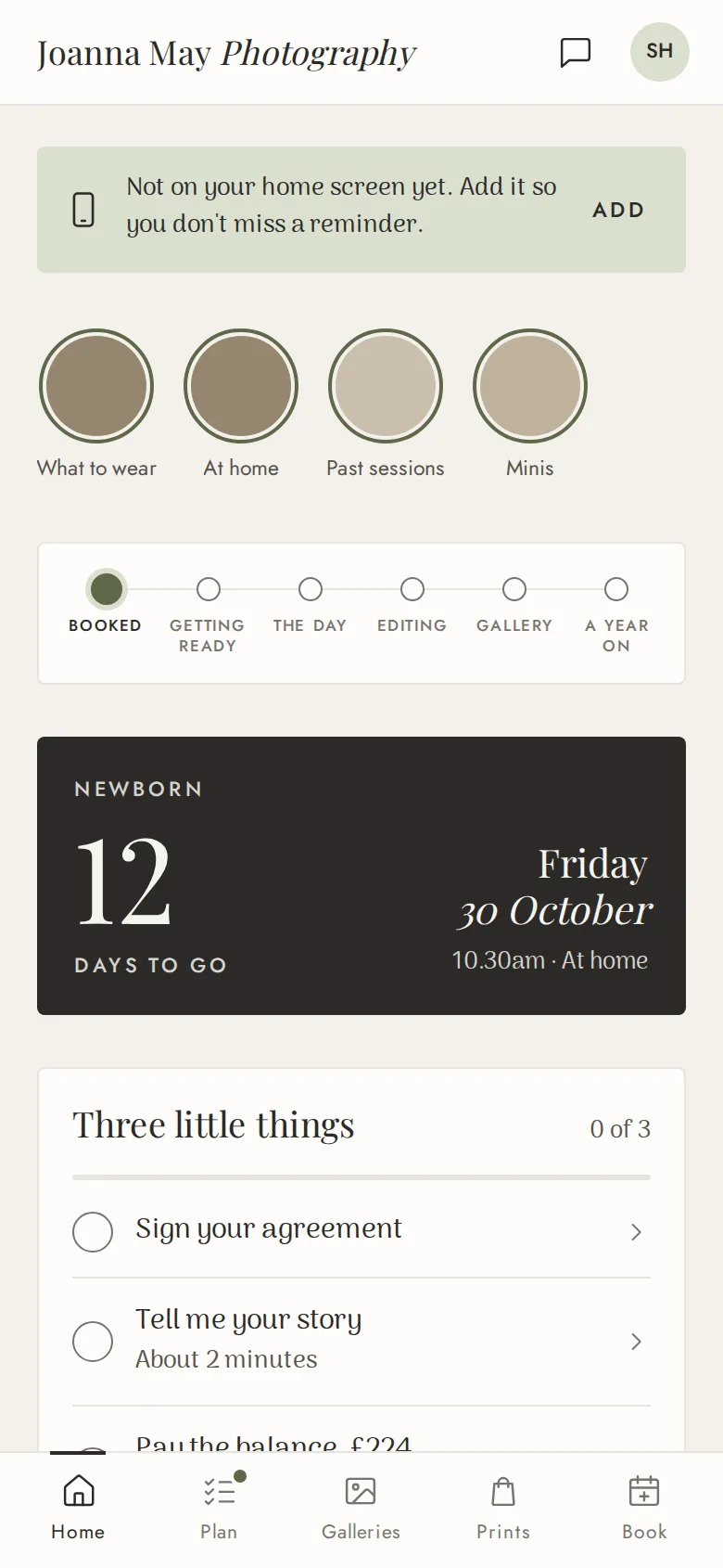 A client’s app before their session: a countdown and three little things to do