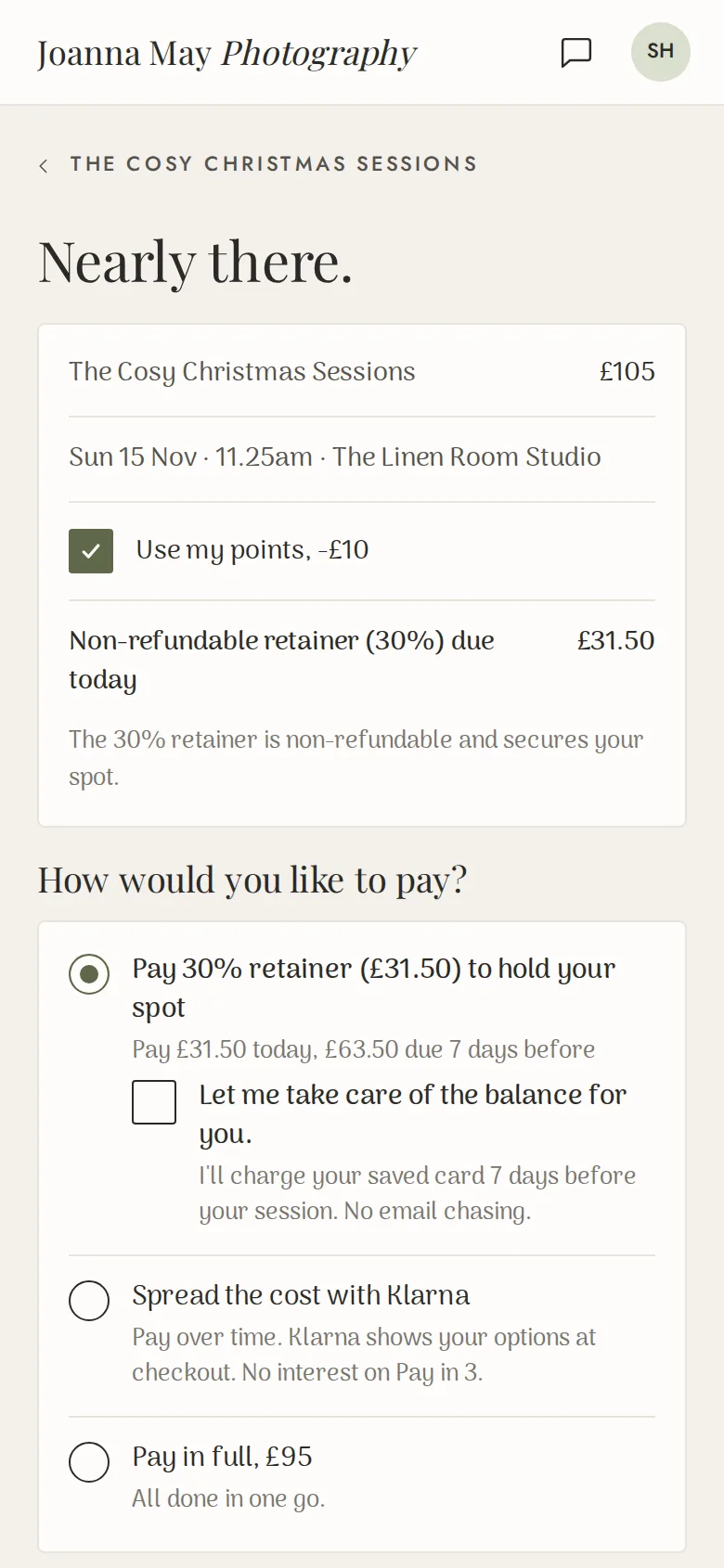 A client booking and paying for a mini session on a phone