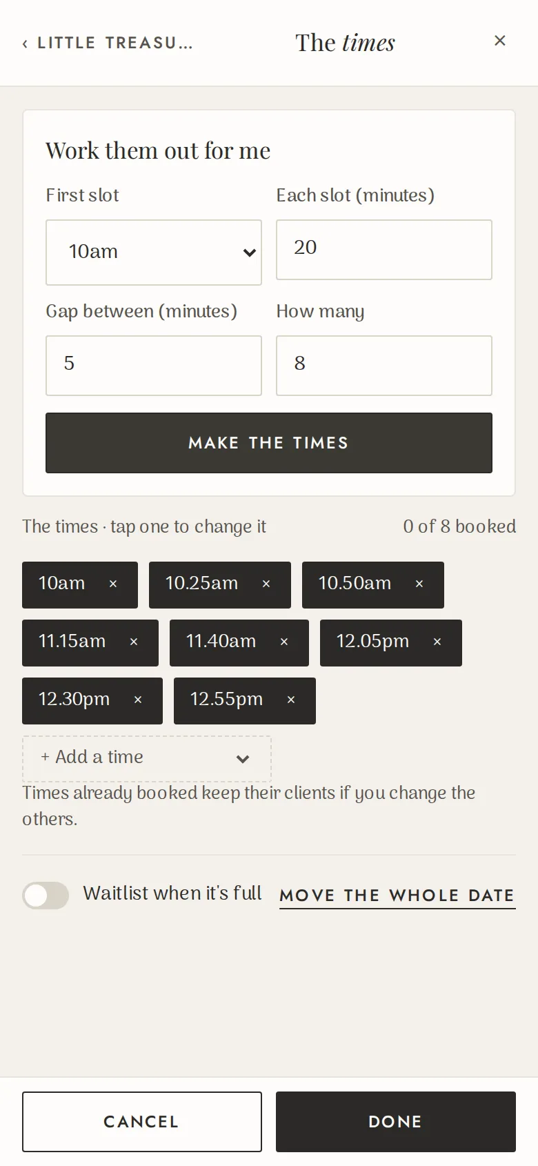 Setting up mini session times on a phone