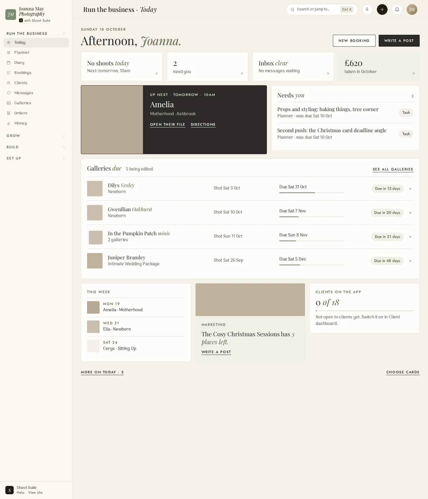 The Today page in the Shoot Suite admin, with the week’s sessions, galleries due and payments